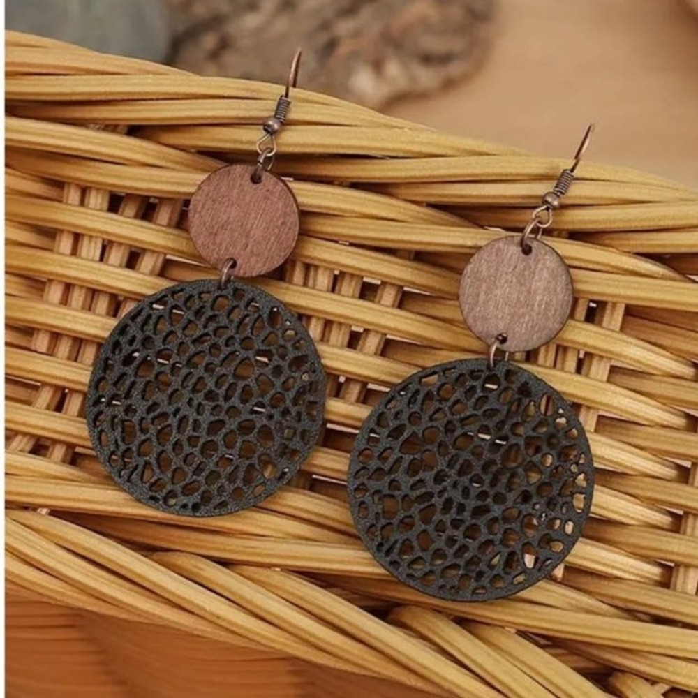 Black Brown Wooden Leather Boho‎ Dangle Drop Earrings Circles Lightweight